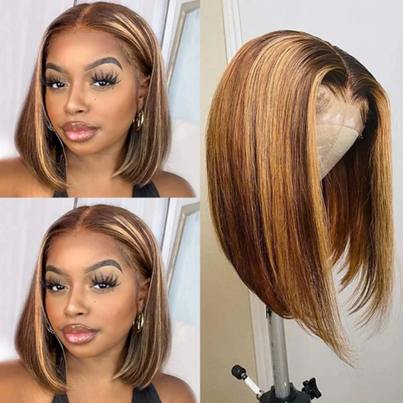 Highlight Bob Wig Human Hair Wigs Brazilian Straight Lace Front Wig For Women Colored Honey Blonde P4/27 Bob Lace Frontal Wig
