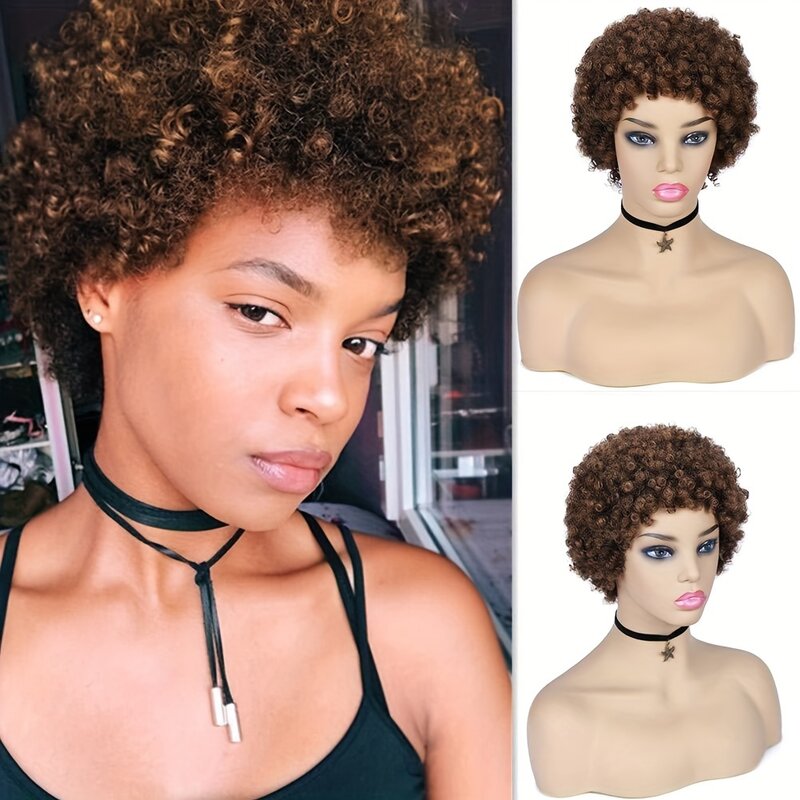 Perruque Afro Naturelle Crépue Bouclée avec Frange pour Femme, Cheveux Courts, Coupe Pixie, Noir, 4 Pouces