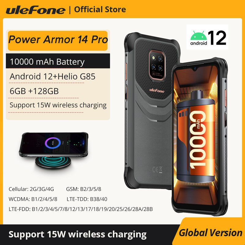 Ulefone-teléfono inteligente Power Armor 14 Pro resistente, 10000mAh, Android 12, resistente al agua, 128GB, carga inalámbrica, NFC, versión Global