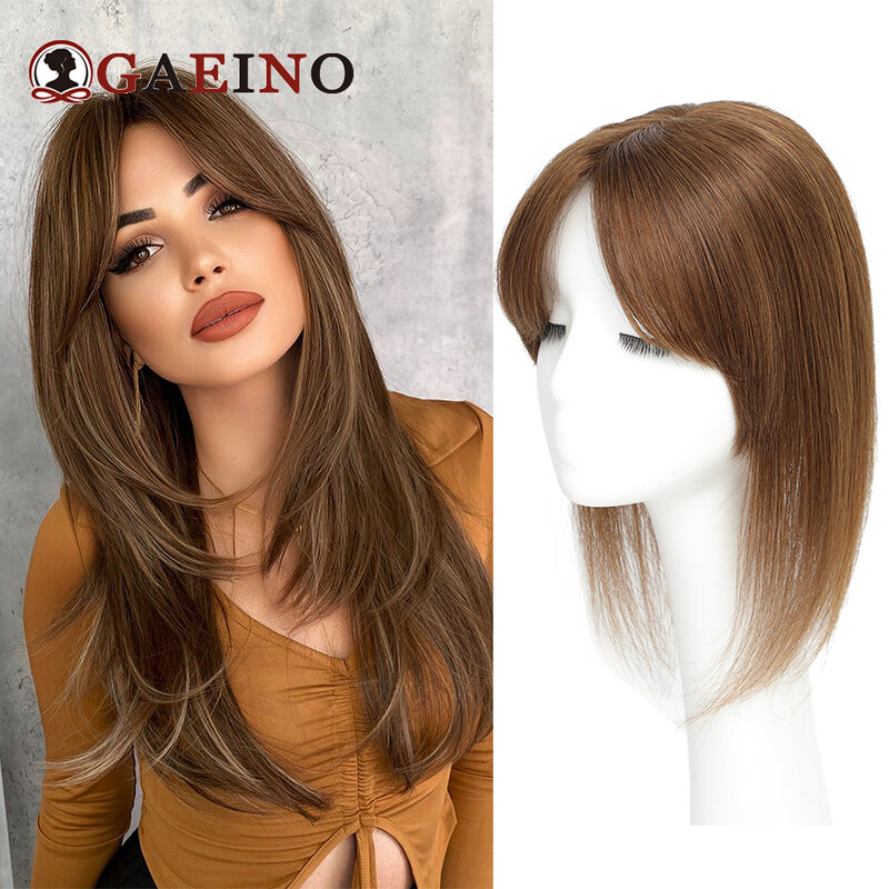 GAEINO Straight Human Hair Toppers With 3 Clips Hair Extensions Natural Remy Hairpieces Topper For Women With Bangs 150%Density