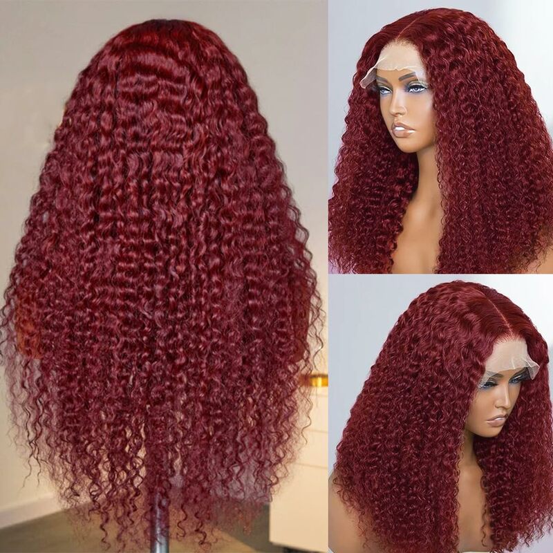 Wig rambut manusia keriting merah anggur 32 inci 13x4 HD Wig depan renda 99j Wig depan renda gelombang dalam merah marun dengan rambut bayi ketebalan 180%