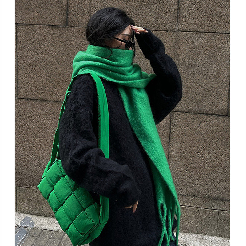 Lenço monocromático de caxemira feminino, xale, envoltório, bandana, pashmina, borla, cobertor grosso, foulard feminino, luxo, verde brilhante, inverno, 2022