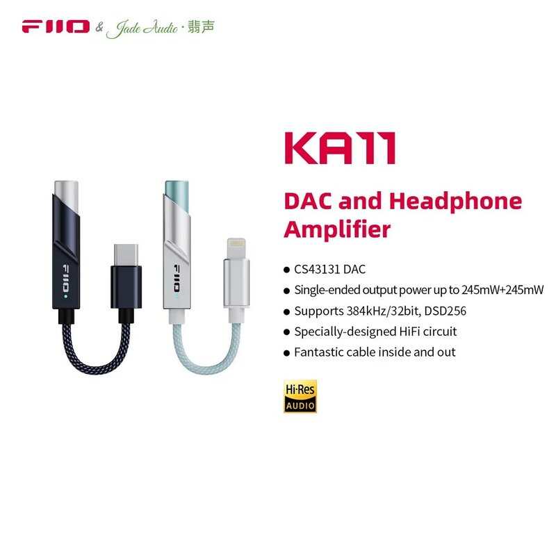 FiiO/JadeAudio KA11 Tipe C/Lightning ke adaptor Audio 3.5mm 32bit/384KHz, penguat DAC Dongle USB HiFi untuk Android/iOS/Win