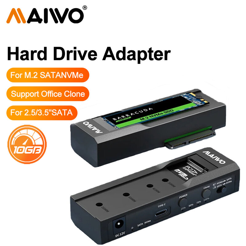 MAIWO 10Gbps Type-C Dual-Bay M.2 SSD Case NVMe SATA Dual Protocol M2 Enclosure Docking Station 2.5/3.5 Inch with Office Clone