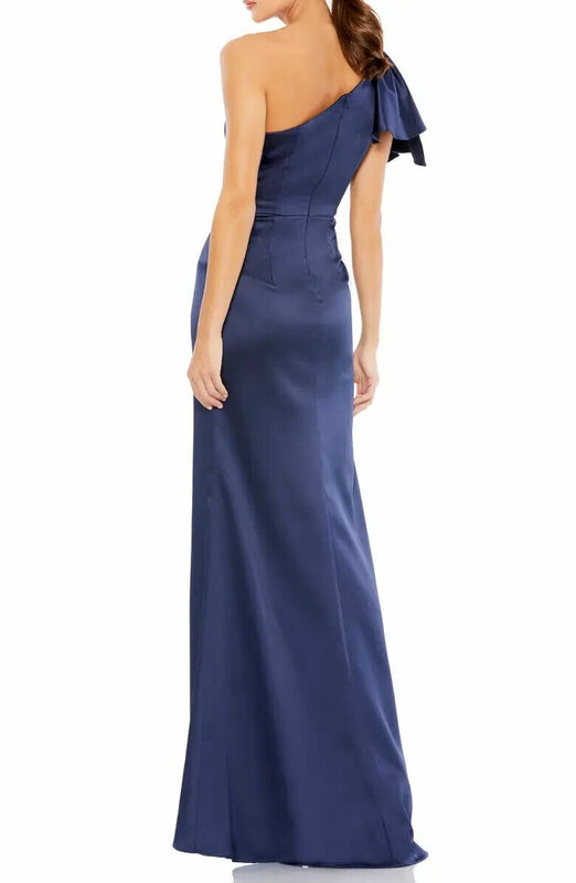 Elegante vestido de fiesta de satén con volantes para mujer, vestido de noche Formal de sirena, un hombro, azul marino