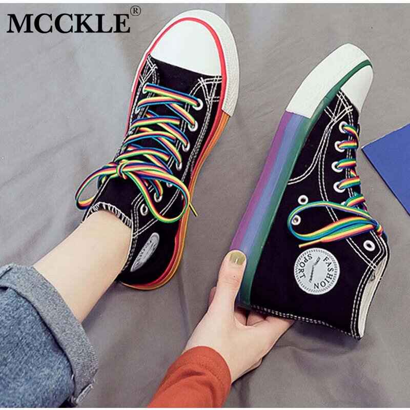 Zapatillas de lona planas para mujer, zapatos vulcanizados, tablero colorido, parte superior alta, Arco Iris, para caminar, con cordones, para mujer, Casual 2020