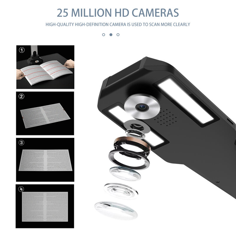 Escáner de libros inteligente portátil, cámara de documentos A3 de tamaño máximo, 25 megapíxeles, alta definición, reconocimiento de archivos