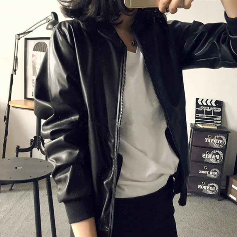Jocoo Jolee 여성용 루즈 PU 인조 가죽 재킷, 한국 지퍼 봄버 코트, 블랙 모토 바이커 재킷, 오버사이즈 아웃웨어, 가을