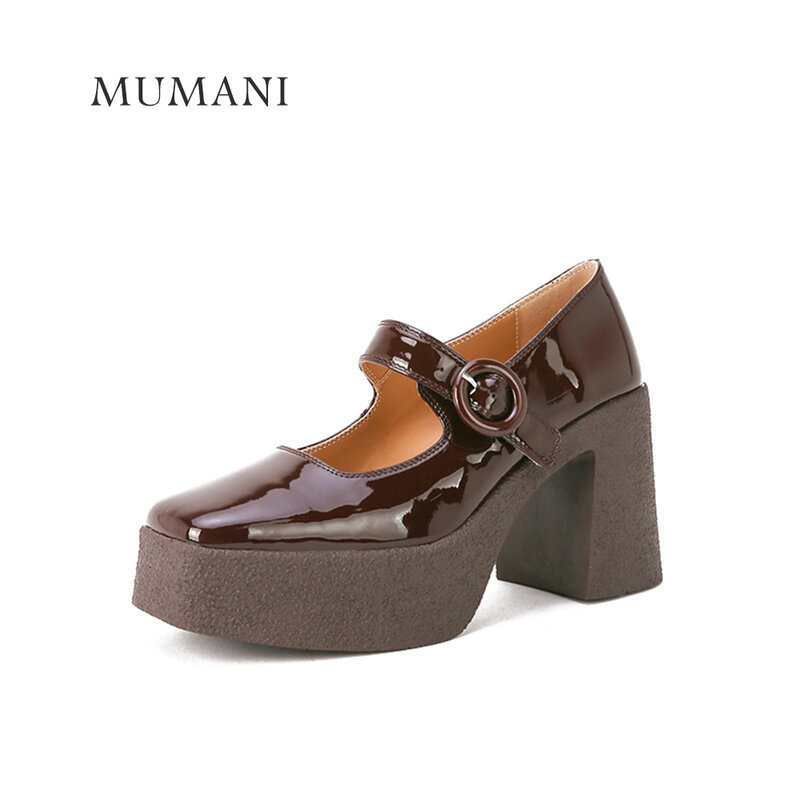 Mumani-女性用本革厚底靴,スクエアトゥ,浅いバックル,2023