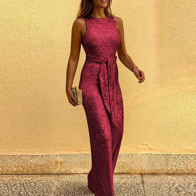 Moda lantejoulas brilhante longo macacão para as mulheres 2020 nova primavera verão vestidos de festa sexy sem costas sem mangas selvagem perna macacão