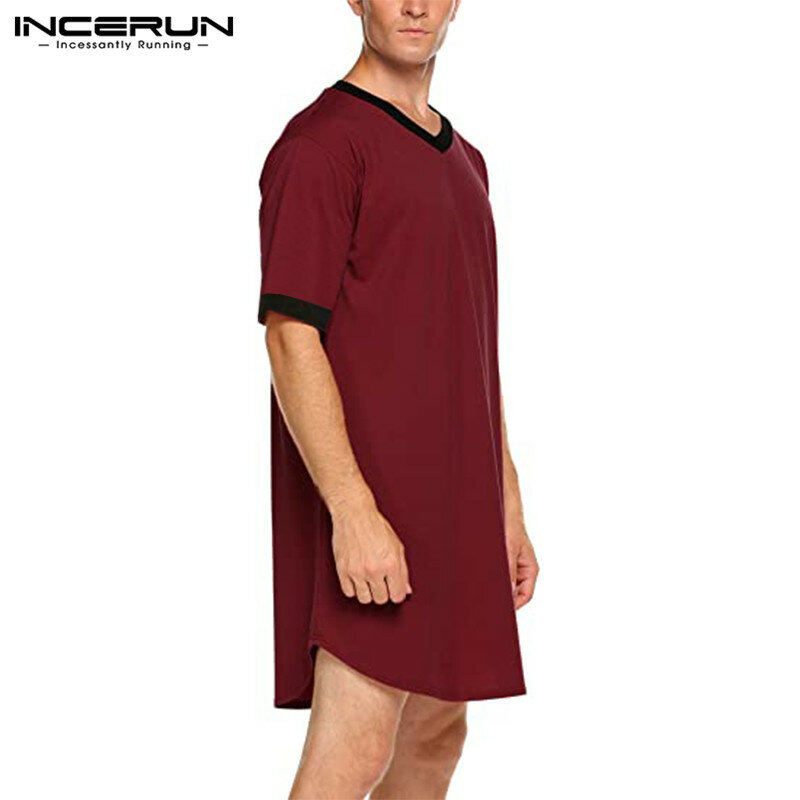 INCERUN Mens Nightgown Fashion Patchwork Sleep Robe Solid Color Sleepwear Man Short Sleeve Bathrobe Loose V Neck Nightwear S-5XL