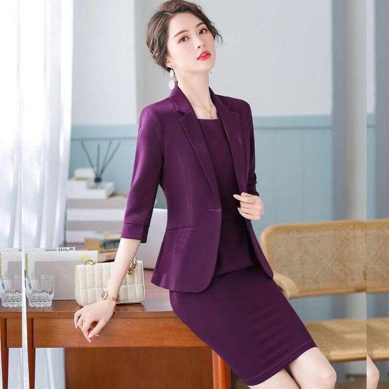 Moda elegancka fioletowa wiosna lato formalne kobiety garnitury biurowe z sukienką i marynarką płaszcz biurowa, damska odzież do pracy Blazers