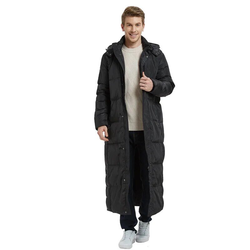 남성 슈퍼 긴 코트 겨울 무릎 긴 섹션 두꺼운 대형 비즈니스 남성 야외 겨울 자켓 블랙 코트