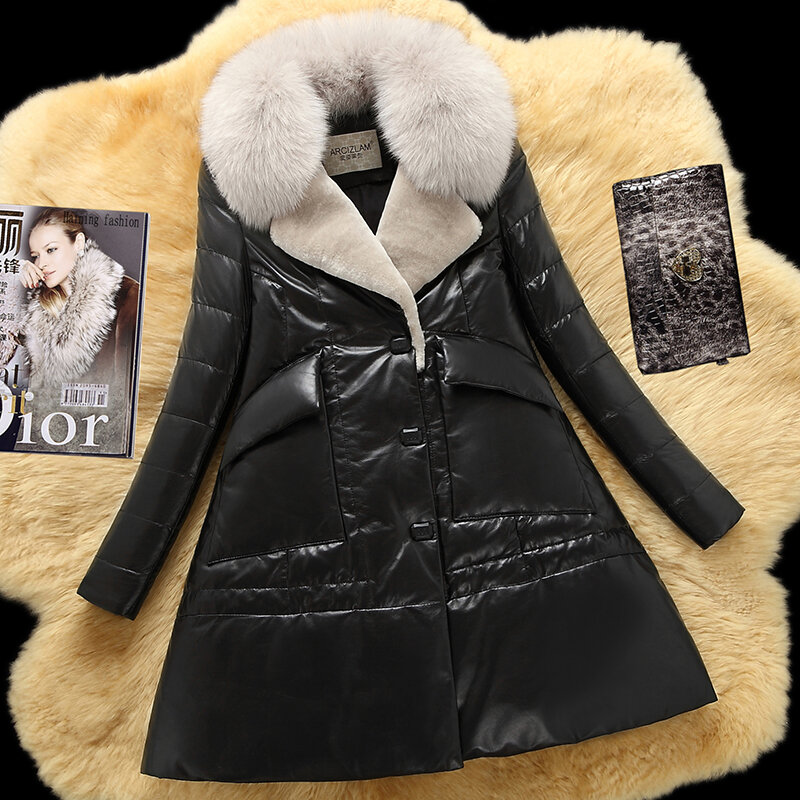 Veste d'hiver en cuir 2020 véritable pour femme, manteau Long en peau de mouton avec col en fourrure de renard, KJ1067