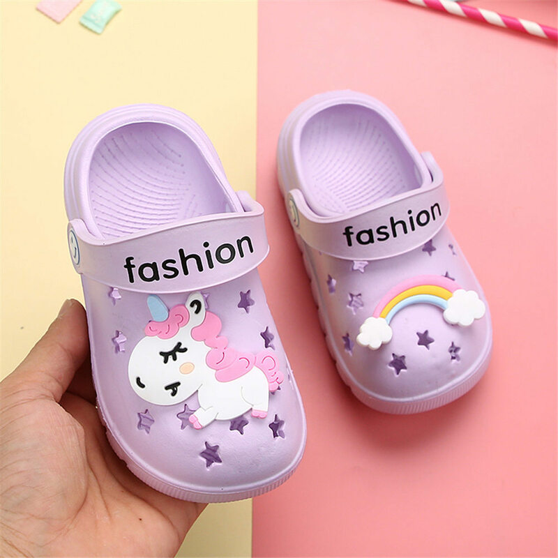 남아 여아용 유니콘 슬리퍼 무지개 신발, 2019 여름 유아 동물, 야외 아기 슬리퍼, PVC 만화 어린이 슬리퍼