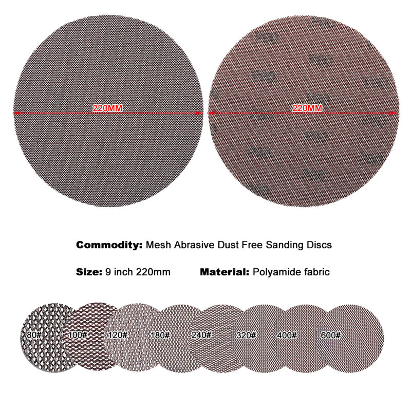 9 дюймов 220 мм сетчатые абразивные безпылевые шлифовальные диски анти-Блокировка сухая шлифовальная наждачная бумага 80 до 600 зернистость наждачная бумага с крючком и петлей