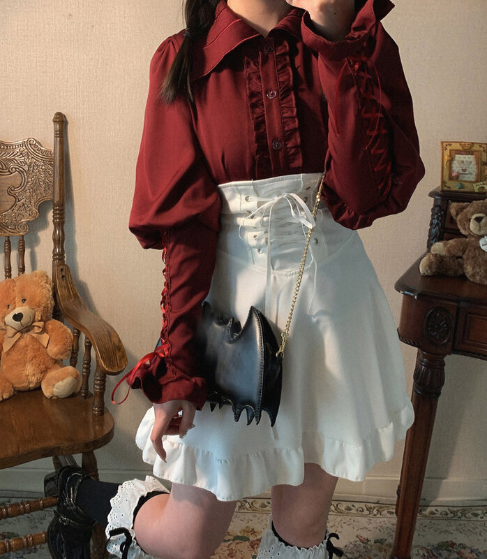Elegancka modna bluzka damska elegancka koronka z długim rękawem topy dziewczyna Lolita słodka gotycka falbana w stylu Vintage zapinana na koszule czarny biały czerwony