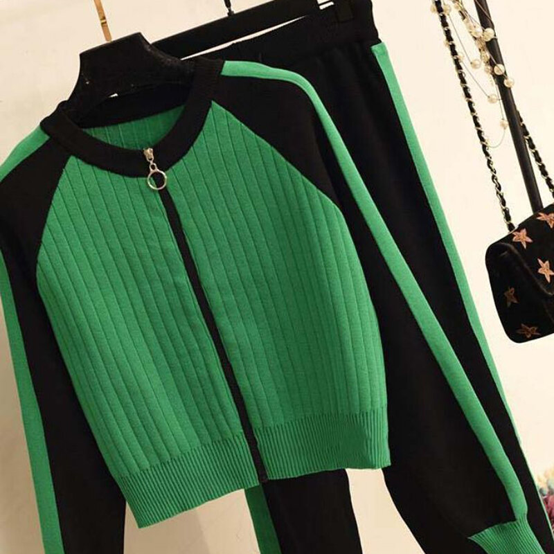 Conjunto de traje verde de alta calidad para mujer, chaquetas de punto a la moda vintage, trajes suaves informales para niña y mujer, elegante, 2020
