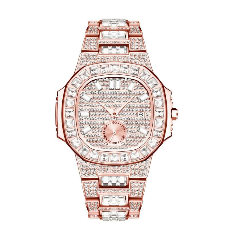 MISSFOX-Reloj de lujo para hombre, accesorio de pulsera de oro de 18K con diseño de Nautilus, Baguette de diamantes completamente pavimentado, resistente al agua, calendario, horario