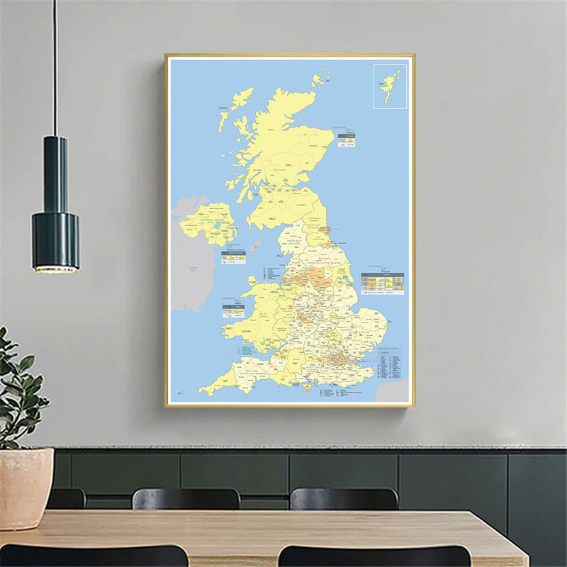 60*90cm Detailed Regions Map Of The United Kingdom Canvas Painting  Wall Art Poster School Supplies Living Room Home Decoration