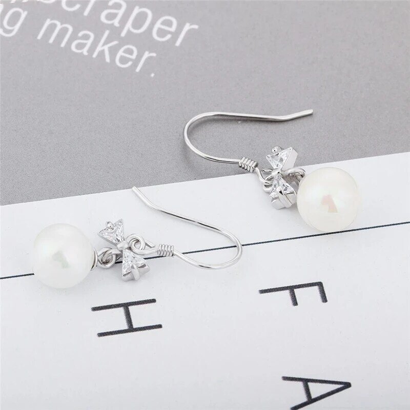 XINSOM Elegant 925 Sterling Silver Earrings For Women Romantic Zircon Bowknot Pearl Dangle Earrings Fine Jewelry Gift 20MARE10