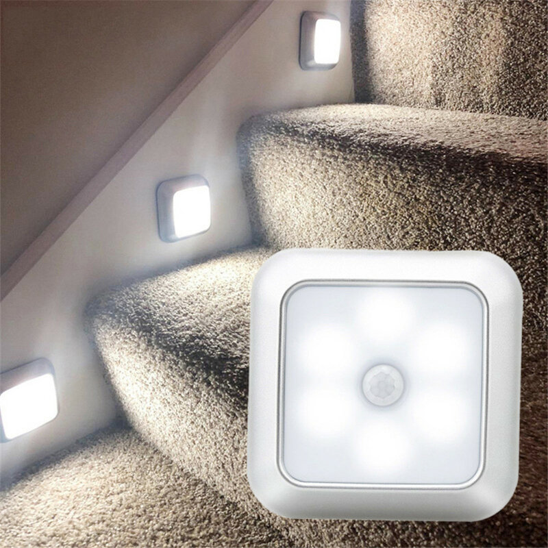 Battery Powered 6 LED Square Motion Sensor Night Lights PIR Induction Under Cabinet Light Closet Lamp Stairs Kitchen Bedroom