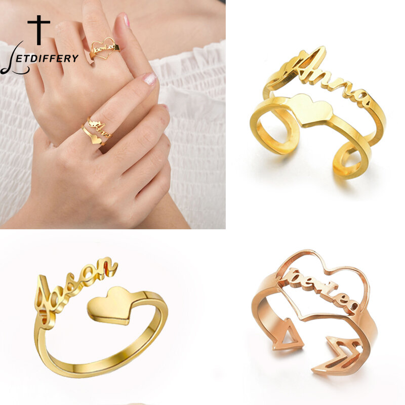 Letdiffery-Anillos personalizados con nombre y fecha para mujer, anillo de acero inoxidable con corona de corazón, joyería personalizada para pareja, regalos de navidad