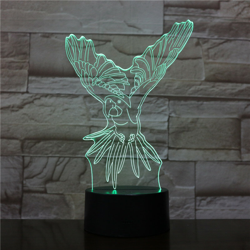 Luminária 3d usb papagaio com led em 7 cores, luz noturna animal, lâmpada ilusão acrílica transparente para presente criativo de feriado 1602