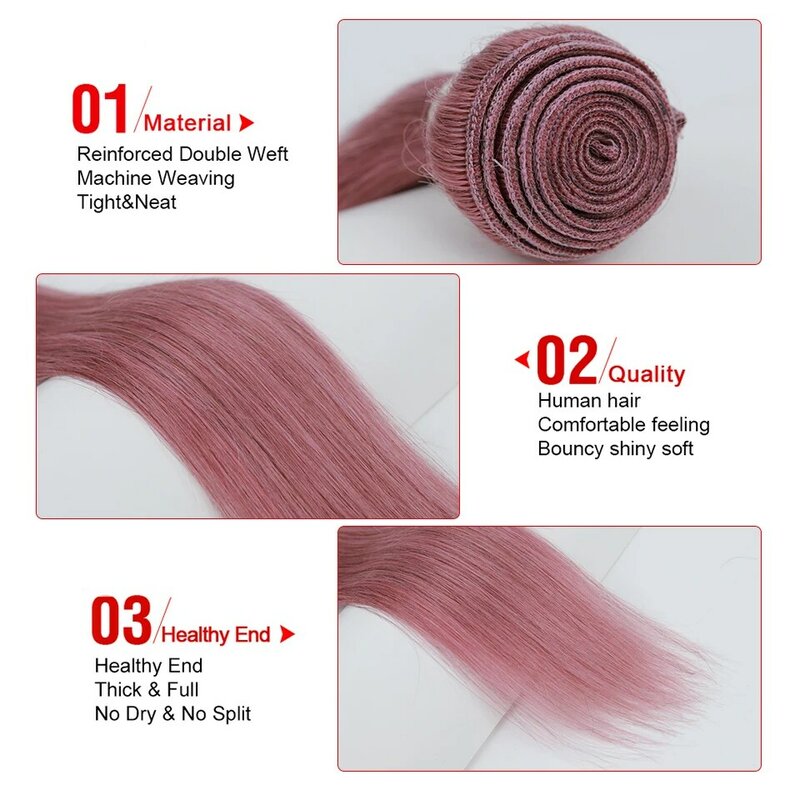 Mechones de cabello humano liso para mujer, extensiones de cabello brasileño elegante, rosa, Remy, 28 pulgadas