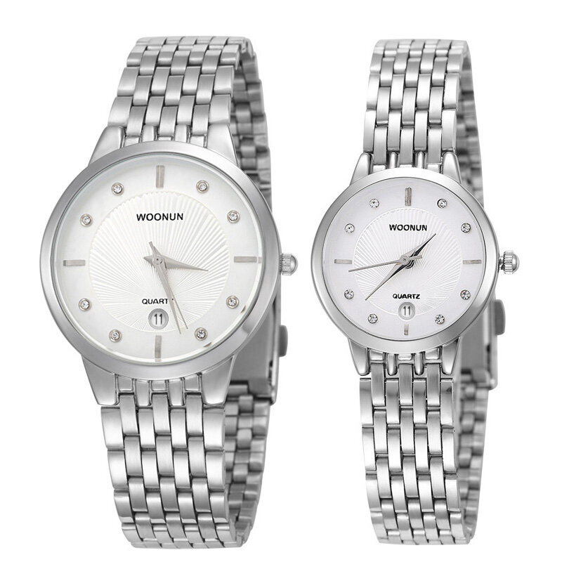 Marca de luxo woonun par casual relógios aço inoxidável quartzo casal relógio moda amantes relógios horas dia dos namorados presente