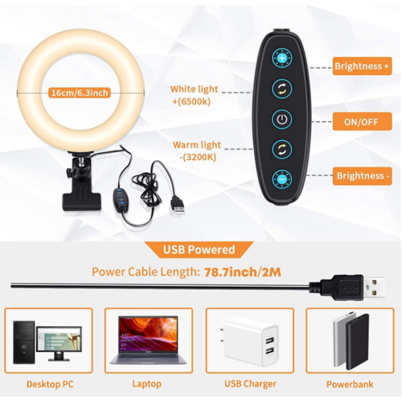 Kit de iluminación para videoconferencia, Clip de anillo en Monitor de portátil con 5 colores regulables y 5 niveles de brillo