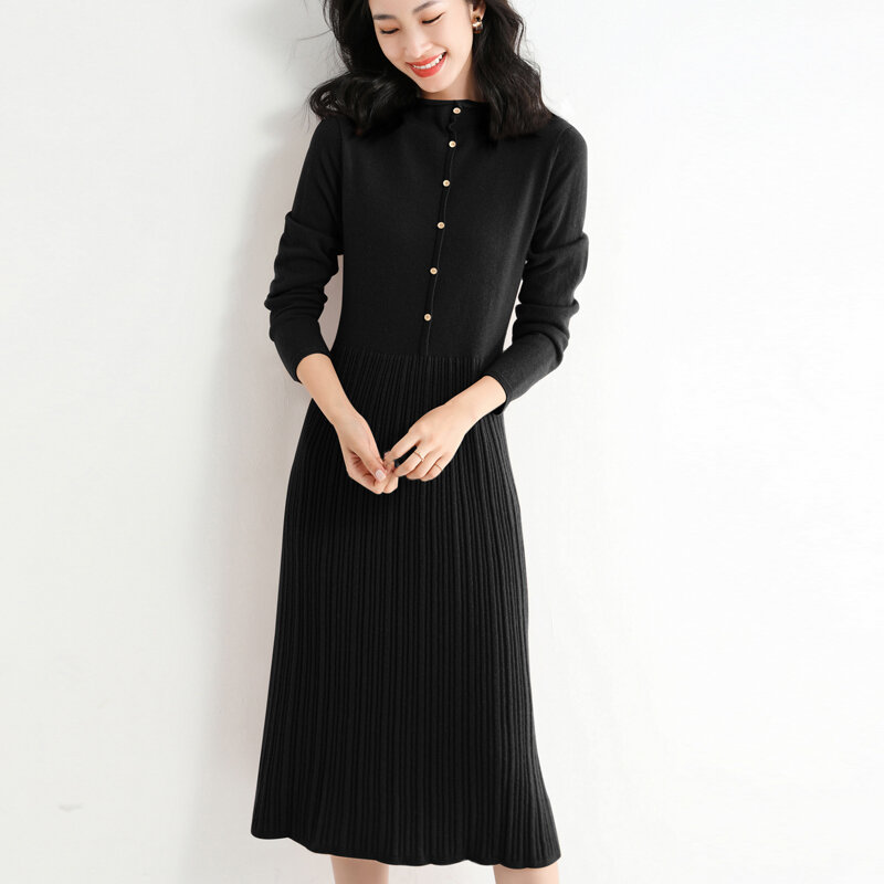 Women's Knitted Dress Fall/Winter 2021 New Loose Pleated Half-High Collar Mid-Length Base Shirt Sweater Over The Knee Long Skirt