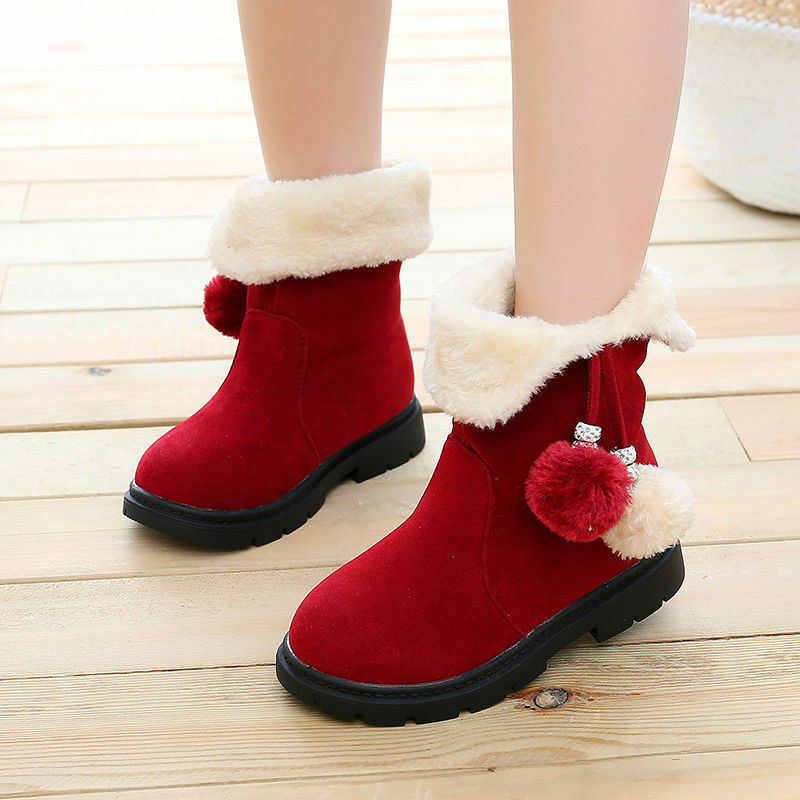 Двухцветные зимние ботинки с меховым помпоном для девочек, бархатные детские зимние ботинки принцессы, хлопковая обувь, женская обувь для малышей с мягкой подошвой, обувь для малышей