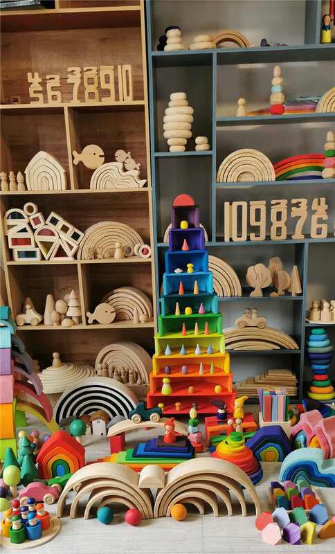 Big Wooden Rainbow Building Blocks Wooden Balls Plate Figures Rainbow Stacking Blocks Montessori Soft Warm Color Blocks Toy