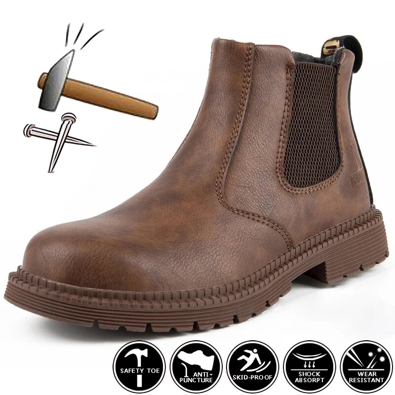 Botas impermeáveis masculinas de trabalho, botas de couro, sapatos masculinos indestrutíveis, dedo do pé de aço, inverno