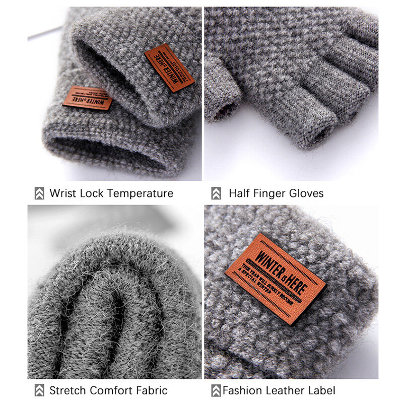 Męskie pół rękawiczki bez palców zimowa ciepła wełna z alpaki bez palców dziergana rękawica dla dorosłych pogrubienie jazda przecieka rękawiczki z palcami