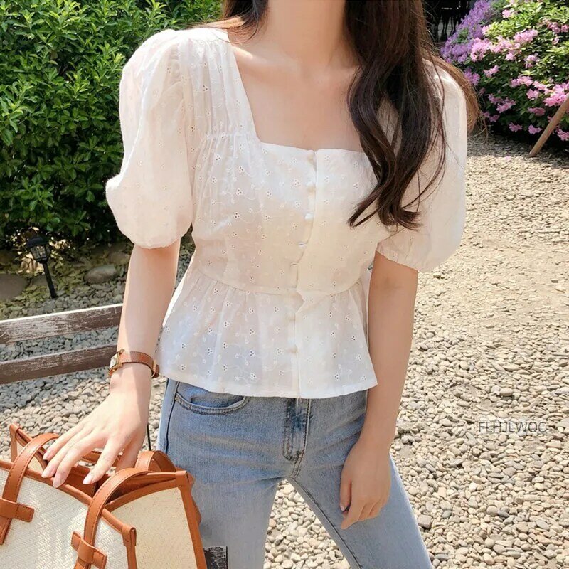 Bordado fofo chique top quente feminino verão coreia estilo japonês desenho cintura fina camisa botão branco blusa flhjlwoc vintage