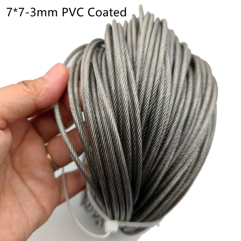 Cable de elevación de pesca con revestimiento de PVC, cuerda de alambre de acero inoxidable 304, construcción 7x7, 50M, 2mm/3mm, más suave