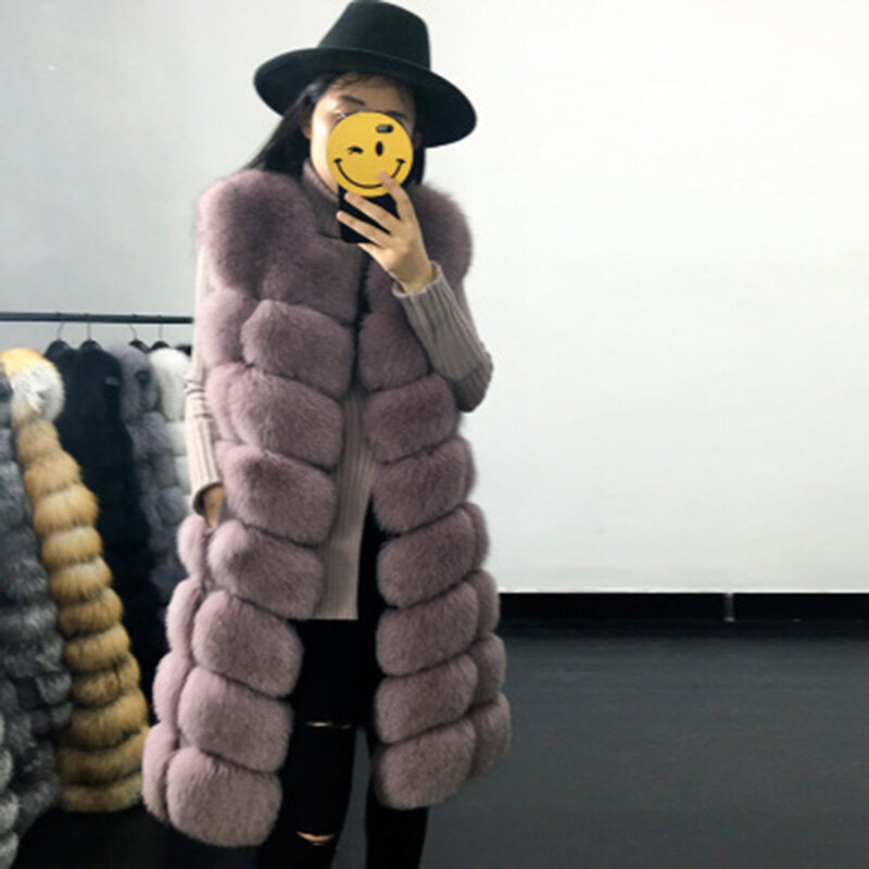 Женская куртка из искусственного меха на осень и зиму, модная повседневная теплая облегающая длинная безрукавка из искусственного лисьего ...