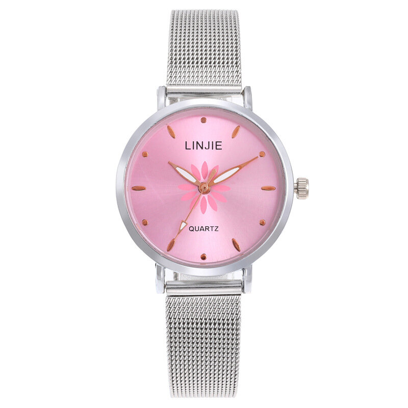 Изысканная мода с принтом сетчатый пояс роскошный популярный розовый циферблат Цветок Металлический женский браслет кварцевые часы