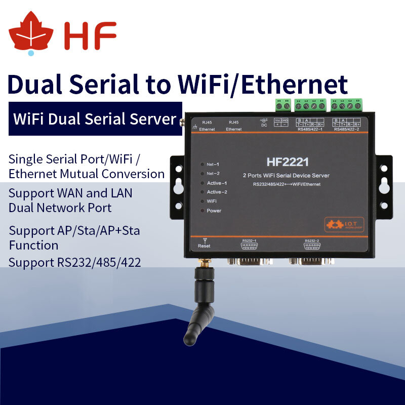 HF2221อุตสาหกรรม Modbus 2พอร์ต Serial Server RS232/RS485/RS422 WiFi Ethernet อุปกรณ์อัตโนมัติควบคุม