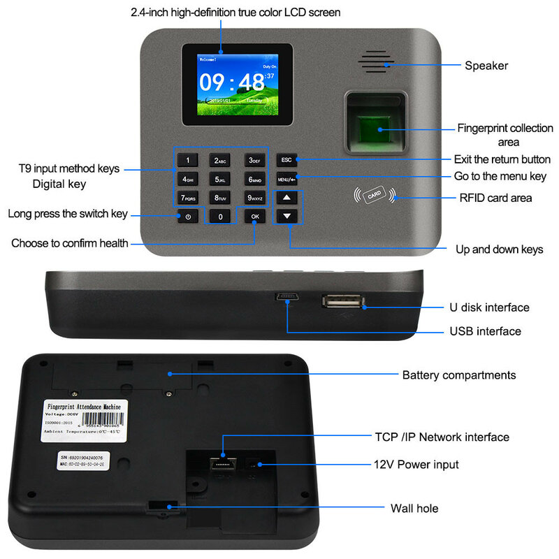 2,4 дюймовая биометрическая машина для отпечатков пальцев Realand, RFID-карта, TCP/IP/USB, программное обеспечение для устройства проверки/проверки работников