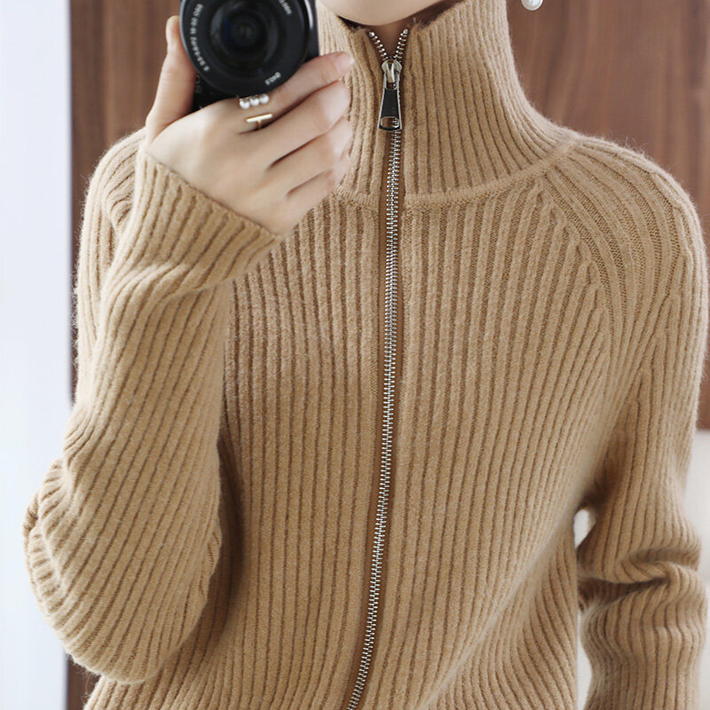 Dzianinowy sweter damski na szyję modny kardigan 2021 nowa odzież wierzchnia długa koszula z długimi rękawami Top to cienki wszechstronny sweter