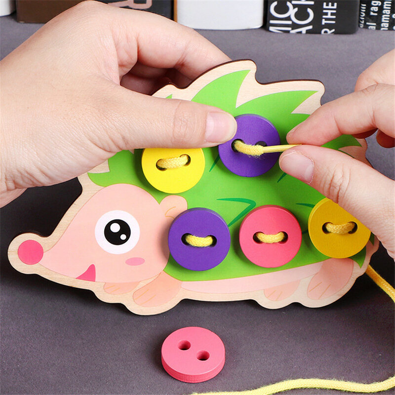 Montessori crianças bonito vestido de madeira roupas puzzle brinquedos diy usar costura botão threading jogo de tabuleiro brinquedo para meninas meninos presentes