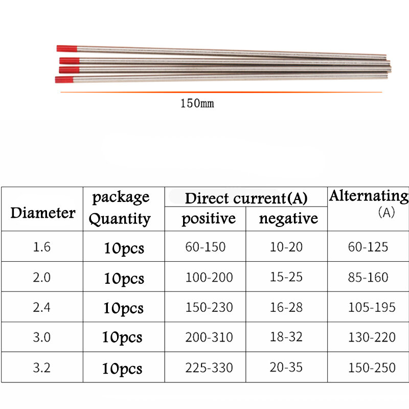 Electrodos de tungsteno profesionales, Tig varillas de 10 piezas, 1,6, 2, 2,4, 3, 3,2mm, WT20, WC20, WL20, WL15, WZ8, WP, WY20, WR20