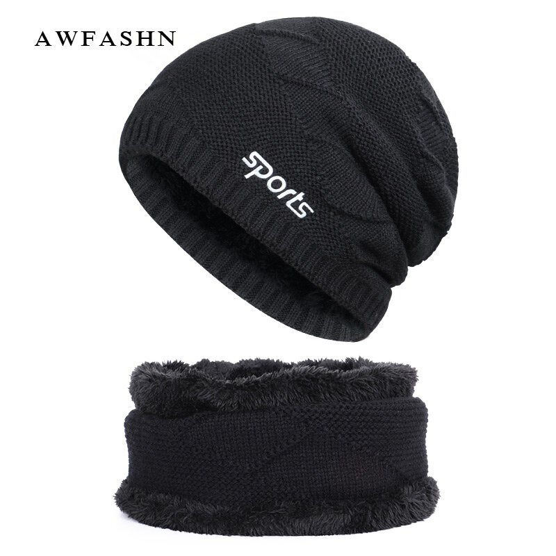 2019 winter new knit hat  men's suit hat scarf  fur lining thick warm balaclava ski fashion high quality cotton cap  cold riding