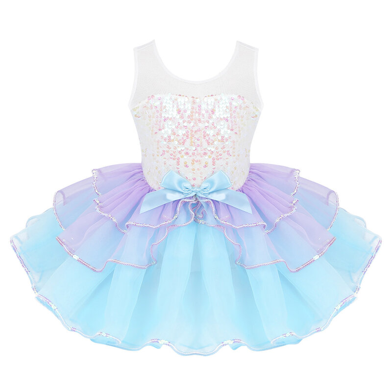 Vestido de bailarina para meninas, fantasia de tule brilhante com lantejoulas e laço na cintura, roupa de dança infantil