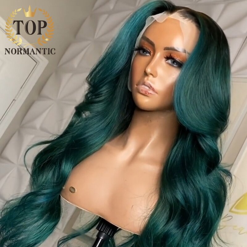 Topnormantic-Peluca de cabello humano ondulado para mujer, postizo de encaje frontal 13x6, Color verde oscuro, pelo Remy brasileño predespuntado
