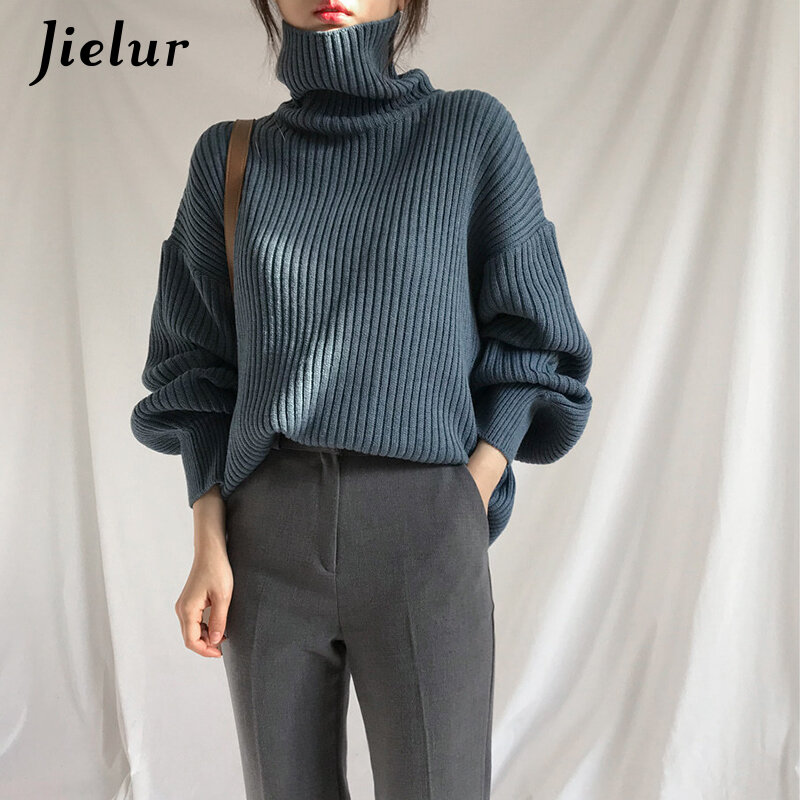 Jielur-Suéter feminino de gola alta, estilo coreano, azul, café, grosso, quente, pulôver solto, moda feminina, inverno