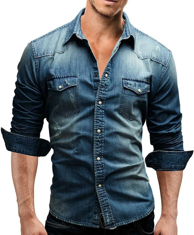 Camisa jeans masculina botão casual, camisa jeans lavável de manga comprida da moda para homens, blusa casual de outono 2020